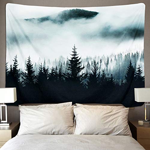 Product Cover BLEUM CADE Misty Forest Tapestry Mountain Tapestry Wall Hanging Fantastic Fog Magical Trees Tapestry Nature Landscape Tapestry for Bedroom Living Room Dorm (Misty Forest with Mountain, 51.2