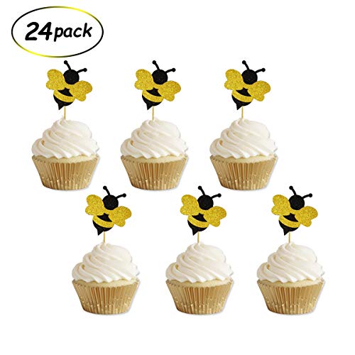 Product Cover Glitter Bumble Bee Cupcake Toppers for Bumble Bee Gender Reveal Baby Shower Birthday Party Decor 24 Counts