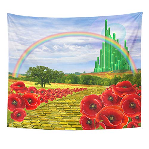Product Cover Emvency Tapestry Poppies Field Yellow Brick Road Leading to The Oz Emerald City Flowers Follow Home Decor Wall Hanging for Living Room Bedroom Dorm 60x80 Inches
