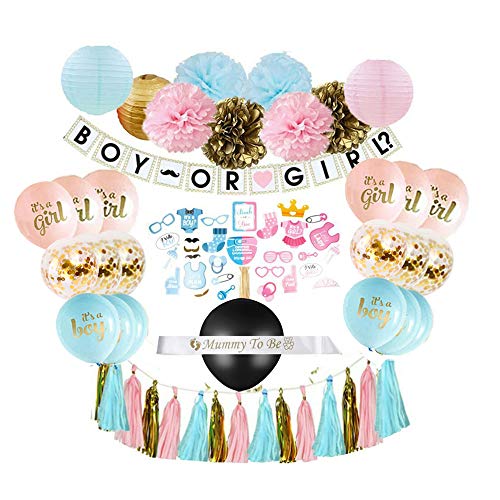 Product Cover Gender Reveal Party Supplies (75 pieces) with Photo Props, 36 Inch Reveal Balloon and Sash - Premium Baby Shower Decorations Set - Confetti Balloons, Boy or Girl Banner, Paper Lanterns and Pom Poms