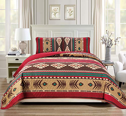 Product Cover Western Southwestern Native American Tribal Navajo Design 3 Piece In Brown Green and Burgundy Oversize Bedspread Quilt Set (King / California King) 3pc Mojave King - Cal King (Full/Queen - 3 Piece)