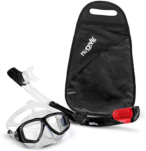 Product Cover PRODIVE Premium Dry Top Snorkel Set - Impact Resistant Tempered Glass Diving Mask, Watertight and Anti-Fog Lens for Best Vision, Easy Adjustable Strap, Waterproof Gear Bag Included (Black)