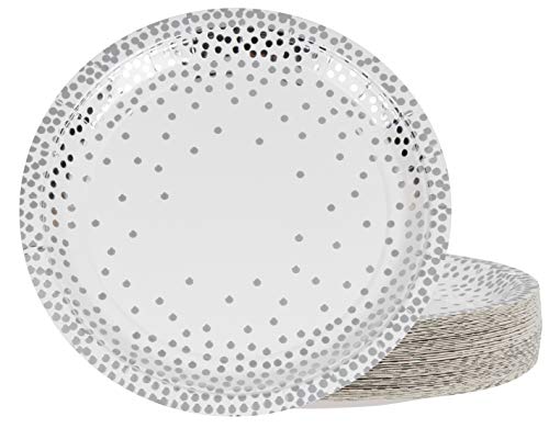 Product Cover Silver Disposable Plates - 48-Pack Metallic Silver Foil Polka Dot Paper Party Plates, 9-Inch Round Lunch Plates, Dessert, Appetizer, For Wedding, Bridal Shower, Birthday Party Supplies