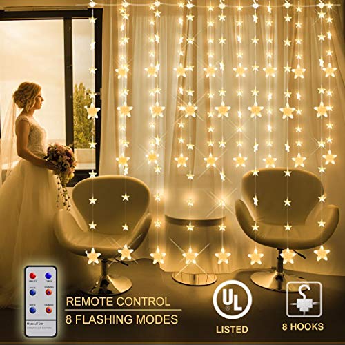 Product Cover Star Curtain String Lights,144 LED Window String Lights 8 Strings with 8 Flashing Modes RF Remote Timer Decoration for Indoor, Outdoor, Christmas, Wedding, Party, Home, Patio Lawn, 6.5ft x 4.9ft (LxW)