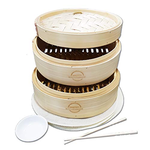 Product Cover Mister Kitchenware 10 Inch Handmade Bamboo Steamer, 2 Tier Baskets, Healthy Cooking for Vegetables, Dim Sum Dumplings, Buns, Chicken Fish & Meat Included Chopsticks, 10 Liners & Sauce Dish