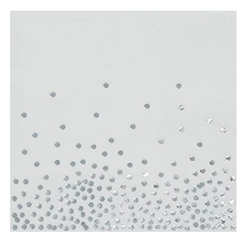 Product Cover Silver Napkins - 50-Pack Disposable Napkins with Silver Foil Polka Dot Confetti, 3-Ply, Wedding Party Supplies, Luncheon Size Folded 6.5 x 6.5 Inches