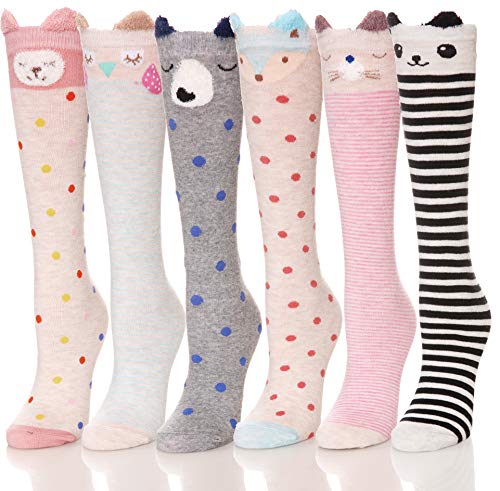 Product Cover ANLISIM 6 Pair Girls Knee High Socks Cute Animal Pattern Novelty Fashion Soft Cotton Socks (Animal A)