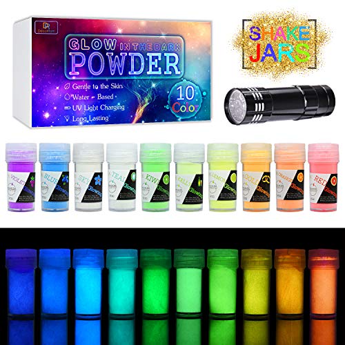 Product Cover 10 Color Glow In The Dark Pigment Powder with UV Lamp - Epoxy Resin Luminous Powder for Slime Kit,Skin Safe Long Lasting Self Glowing Dye for DIY Nail Art,Acrylic Paint,Fine Art, 0.7oz Each(Total 7oz)