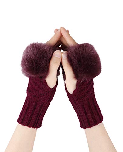 Product Cover Verabella Women's Faux Fur Cable Knit Hand Warmers Fingerless Mittens Thumb Hole Gloves