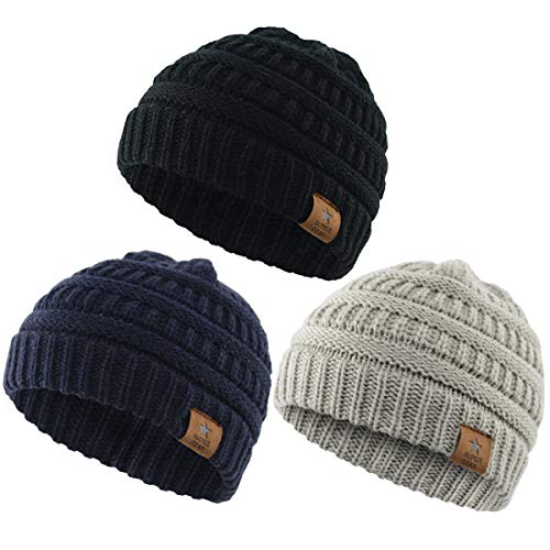 Product Cover Durio Soft Warm Knitted Baby Hats Caps Cute Cozy Chunky Winter Infant Toddler Baby Beanies for Boys Girls 3 Pack Black & Light Grey & Navy