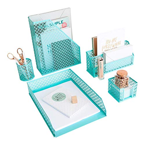 Product Cover Aqua - Teal 5 Piece Cute Desk Organizer Set - Desk Organizers and Accessories for Women - Cute Office Desk Accessories - Desktop Organization