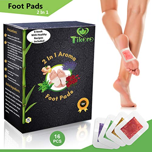 Product Cover Tikoro Foot Pads for Pain and Stress Relief - Ginger, Lavender, Green Tea, Rose - Premium Aromatherapy Feet Patches - 2 in 1 Upgraded - Natural, Organic 16 pcs - Improve Sleep - Bonus eBook