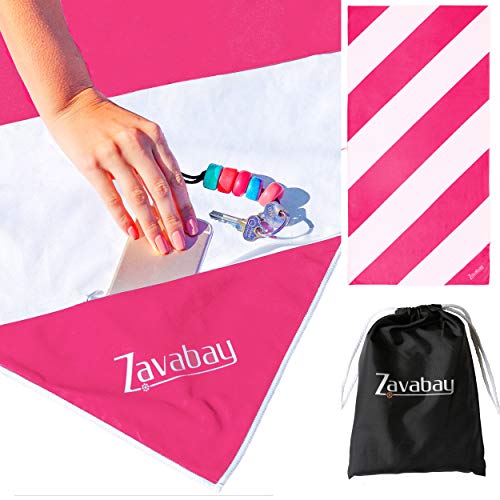 Product Cover Zavabay Fast Drying Beach Towel - Microfibre Beach Towel with Zippered Pocket to Hide Your Valuables - Sandless, Travel Beach Towel with Carry Pouch, Super Absorbent and Compact for All Ages (Pink)
