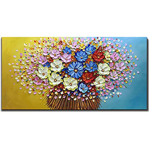 Product Cover Asdam Art- Hand Painted Colorful Daisy Flower Oil Paintings on Canvas Modern Abstract 3D Wall Art Floral Artwork 24x48 inch