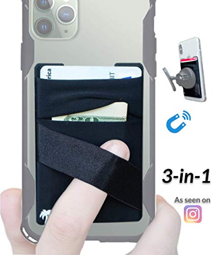 Product Cover New 3-in-1 Stick On Wallet for Any Phone Case | Unique: Spandex + Mounts to Magnets + Double-Pocket + Finger Strap + RFID Block - Strong 3M Sticky + Magnetic (Black, 1 Pack)