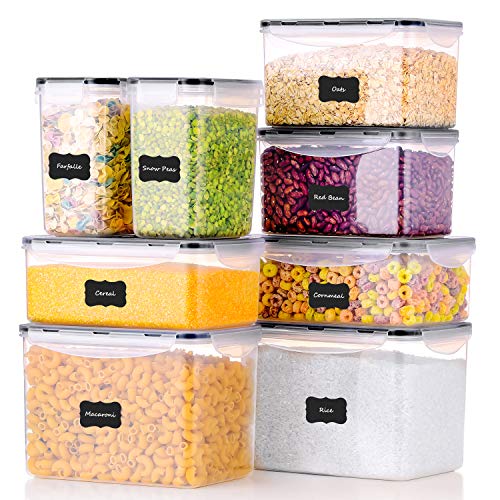 Product Cover ME.FAN Food Storage Containers [Set of 8] Airtight Storage Keeper with 24 Chalkboard labels Ideal for Cereal, Sugar, Flour, Baking Supplies - BPA Free - Clear Plastic with Black Lids