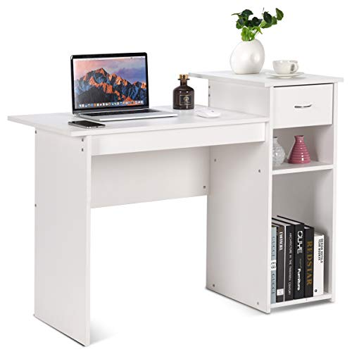 Product Cover Tangkula Computer Desk, Home Office Wooden PC Laptop Desk, Modern Simple Style Wood Study Workstation, Writing Table with Storage Drawer & Shelves, Wooden Furniture (White)
