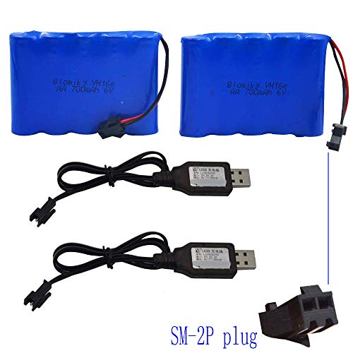 Product Cover Blomiky 2 Pack 6.0V 700mAh Ni-CD AA Rechargeable Battery Pack SM2P Plug and 2 USB Charger Cable Fit for 11 Channel RC Excavator RC Truck Amphibious Stunt RC Cars Vehicles 6V 700mAH and USB 2