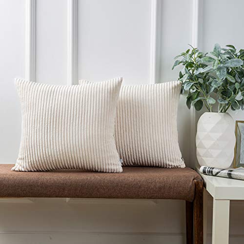Product Cover Ashler Pack of 2 Corduroy Soft Velvet Striped Solid Square Throw Pillow Covers Cushion Cases 22 x 22 inch Off-White