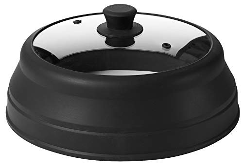 Product Cover Microwave Glass Plate Cover Lid - Vented and Collapsible Design with A Safe and Easy Grip Silicone Handle - 10.5 Inch Diameter (BLACK)
