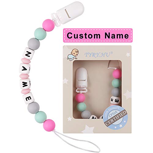 Product Cover Pacifier Clip Personalized Name TYRY.HU Baby Girls Binky Holder Soothie Paci Clip Silicone Bead Teething Relief Teether Toy Handmade Baby Birthday Shower Gift (Pink)
