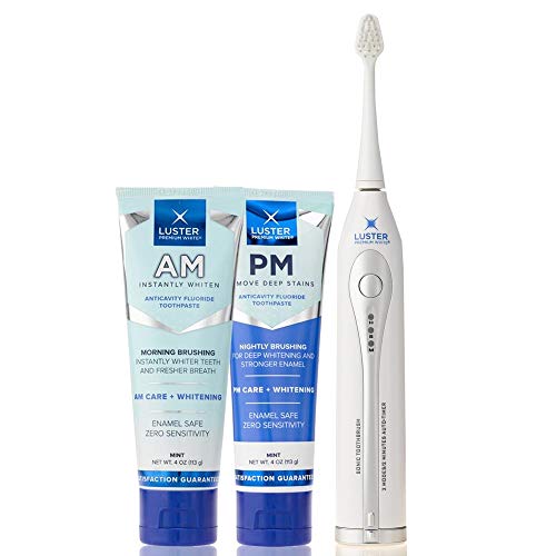 Product Cover Luster Premium White, AM & PM Anticavity Fluoride Toothpaste Kit with Sonic Toothbrush, Mint