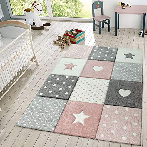 Product Cover Children's Rug Pastel Colours Checked Dots Hearts Stars White Grey Pink, Size:140x200 cm