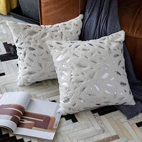 Product Cover OMMATO Throw Pillows Covers 18 x 18,Set of 2 White Fur with Silver Leaves Soft Throw Pillows for Couch Bed,Accent Home Decorative Square Cushions Cases Shams Pillowcases Farmhouse,45 x 45 cm