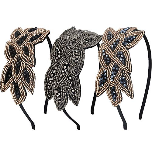 Product Cover 3 Pieces Beaded Leaf Flapper Headband 1920s Vintage Rhinestone Hairband Hair Accessory, 3 Styles (Color Set 1)