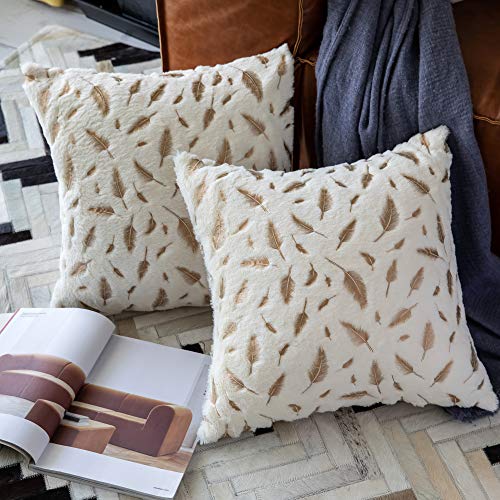 Product Cover OMMATO Throw Pillows Covers 18 x 18,Set of 2 White Fur with Gold Leaves Soft Throw Pillows for Couch Bed,Accent Home Decorative Square Cushions Cases Shams Pillowcases Farmhouse,45 x 45 cm