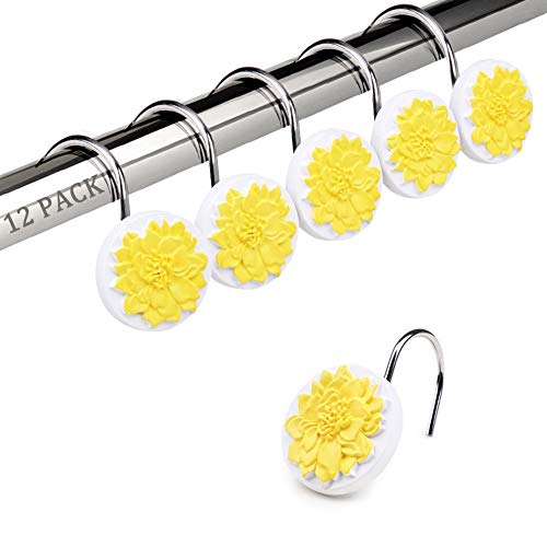 Product Cover Wimaha Decorative Shower Curtain Hooks Rings, Rustproof Yellow Peony Flower Shower Hooks Plastic, Ideal Bathroom Accessories for Curtain Liner Rod, as Bedroom, Living Room Decor, Set of 12
