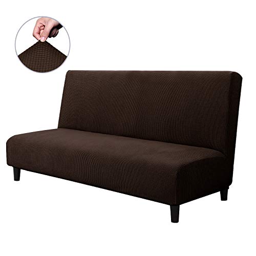 Product Cover CHUN YI Jacquard Stretch Armless Sofa Slipcover, Soft Elastic Fitted Folding Sofa Bed Cover Without Armrest, Removable Machine Washable Non-Slip Furniture Protector for Futon Couch (Chocolate)