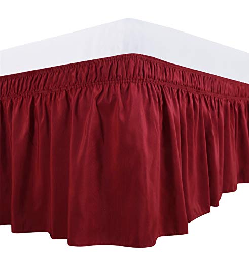 Product Cover Biscaynebay Wrap Around Bed Skirts Elastic Dust Ruffles, Easy Fit Wrinkle and Fade Resistant Textured Silky Luxrious Fabric Solid Color, Lipstick Red Queen Size 15 Inches Drop