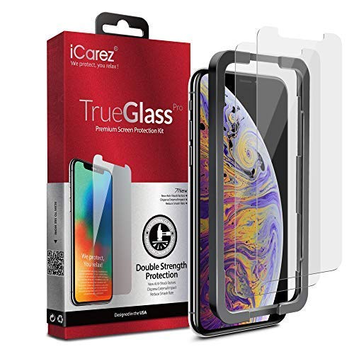 Product Cover iCarez [Dubble Defense Tempered Glass + Tray Installation] Screen Protector for iPhone 11 Pro Max iPhone Xs Max 6.5-Inch 2018 (Case Friendly) Easy Apply [ 2-Pack 0.33MM 9H 2.5D Clear]