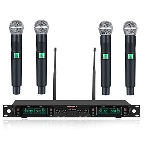Product Cover Wireless Microphone System, Phenyx Pro 4-Channel UHF Cordless Mic Set With Four Handheld Mics, All Metal Build, Fixed Frequency, Long Range 260ft, Ideal for Church,Karaoke,Weddings, Events (PTU-5000A)