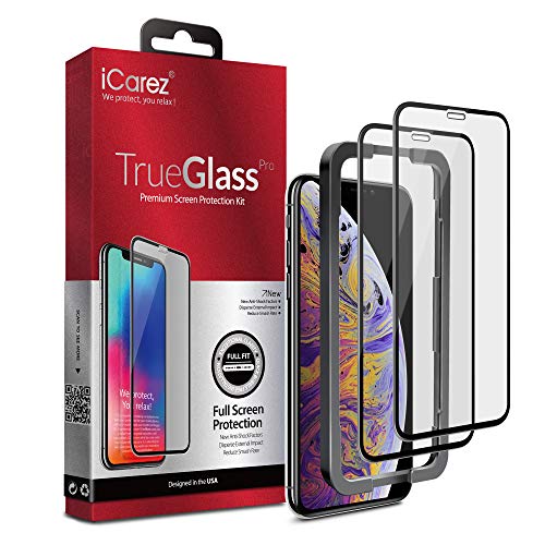Product Cover iCarez [Full Coverage Tempered Glass + Tray Installation] Screen Protector for iPhone Xs/iPhone X 5.8-Inch (Case Friendly) Easy to Install [ 2-Pack 0.33MM 9H 2.5D]