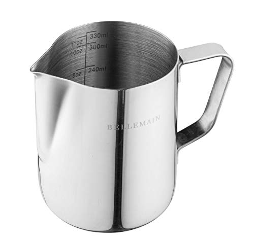 Product Cover Stainless Steel Milk Frothing Pitcher, by Bellemain- Ideal for Espresso Machines and Latte Art, 12 oz./350 mL perfect size for making 1 cappuccino or 2 lattes, Larger pitchers force you to waste milk.