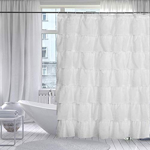 Product Cover Gee Di Moda Gypsy Ruffled Shower Curtain, 100% Polyester Fabric Bathroom Drapes - Housewarming Gift - 70 Inch Wide by 72 Inch Long, White