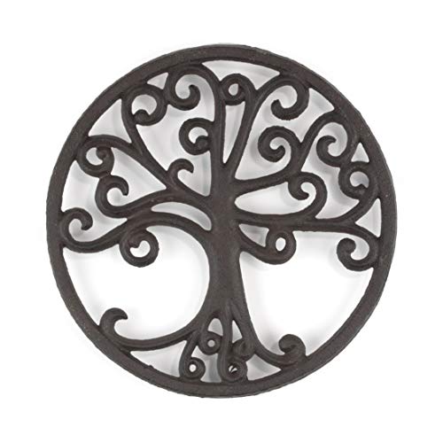 Product Cover gasaré, Cast Iron Trivet, Decorative Tree of Life Design, for Hot Dishes, Pots, Kitchen, Countertop, Dining Table, with Rubber Feet Caps, Solid Cast Iron, 8 Inch Large, Rustic Brown Finish, 1 Unit