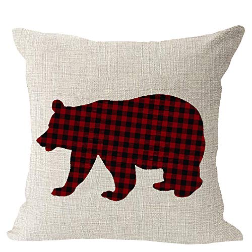 Product Cover Animal Bear Red and Black Chess Plaid Scottish Buffalo Cotton Linen Square Throw Waist Pillow Case Decorative Cushion Cover Pillowcase Sofa 18