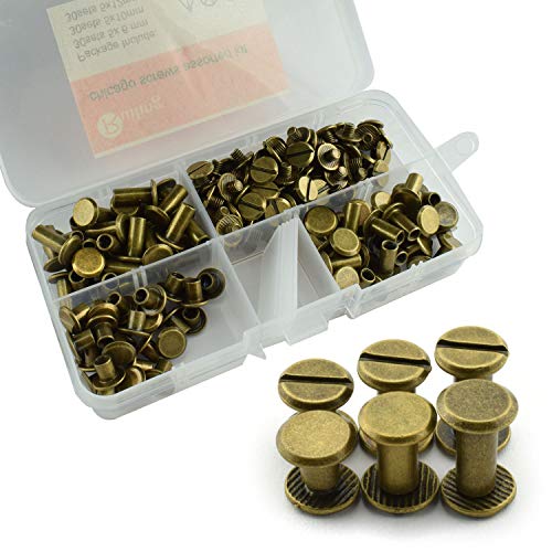 Product Cover RuiLing 90 Sets Bronze Chicago Screws Assorted Kit Screw Posts Metal Accessories Nail Rivet Chicago Button for DIY Leather Decoration Bookbinding Slotted Flat Head Stud Screw 5x6/10/12mm