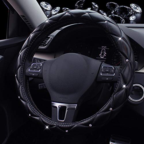 Product Cover Super PDR Steeing Wheel Cover for Women,Leather Bling Cute Car Steering Wheel Cover Universal 15inch with Crystal Diamond (Black)