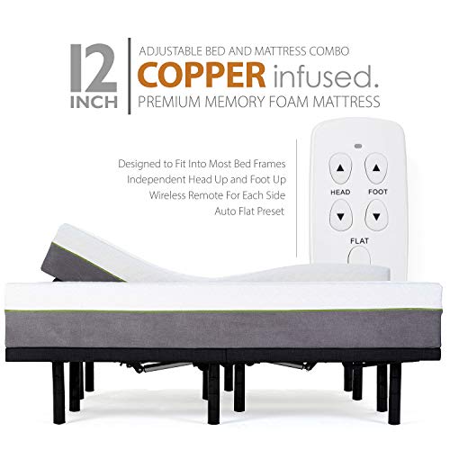 Product Cover Adjustable Bed Frame and 12 Inch Split King Copper Infused Cool Memory Foam Mattress Medium Firm Feel CertiPUR-US Certified