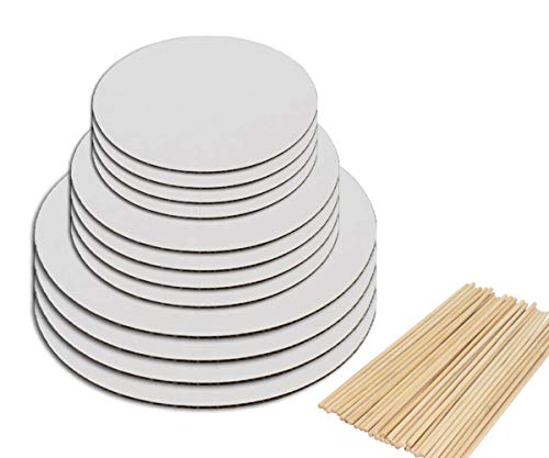 Product Cover Sturdy Cake Boards and Wooden Dowels,Set of 12 White Round Cake Circle Base Perfect for Cake Decorating & 3 Tier Stacked Cakes - 6, 8 and 10 inch, 4 of Each Size Set with 32 Dowels