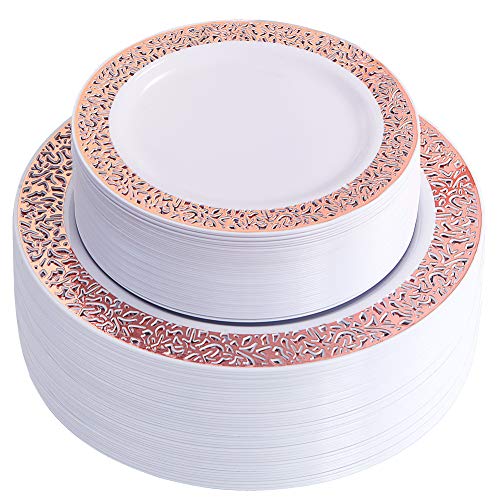 Product Cover WDF102 pcs Rose Gold Plates-Lace Design Disposable Plastic Plates-Wedding Party Plastic Plates include 51 Plastic Dinner Plates 10.25inch,51 Salad/Dessert Plates 7.5inch (Rose Gold Plates)