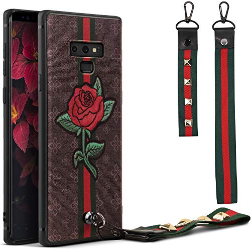 Product Cover Dairnim Samsung Note 9 Case, Galaxy Note 9 Case, Ultra-Slim Non-Slip 3D Rose Flower Pattern Relief Soft TPU Long Short Lanyard Vintage Retro Phone Case Compatible with Samsung Galaxy Note 9, Brown