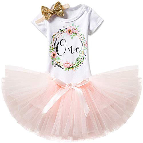 Product Cover TTYAOVO Girl Skirt Newborn 3pcs Baby's 1st Birthday Set/Outfits with Romper + Tutu Dress + Headband Size 1 Years Peach(with Flower)