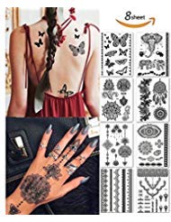 Product Cover Black Henna Temporary Tattoo Stickers Henna Body Paints Designs for Women Girls (Pack of 8 Sheets)