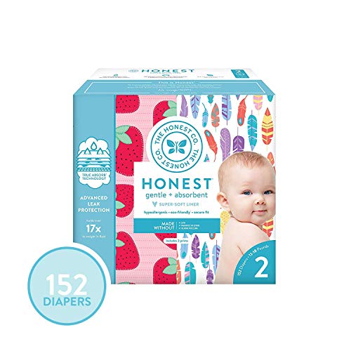 Product Cover The Honest Company Super Club Box Diapers with TrueAbsorb Technology, Painted Feathers & Strawberries, Size 2, 152 Count