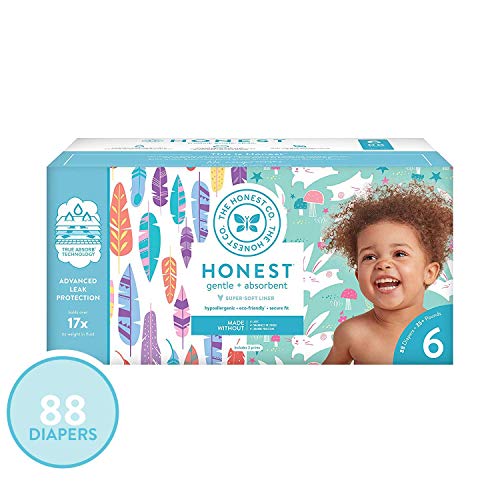Product Cover The Honest Company Super Club Box Diapers with TrueAbsorb Technology, Painted Feathers & Bunnies, Size 6, 88 Count